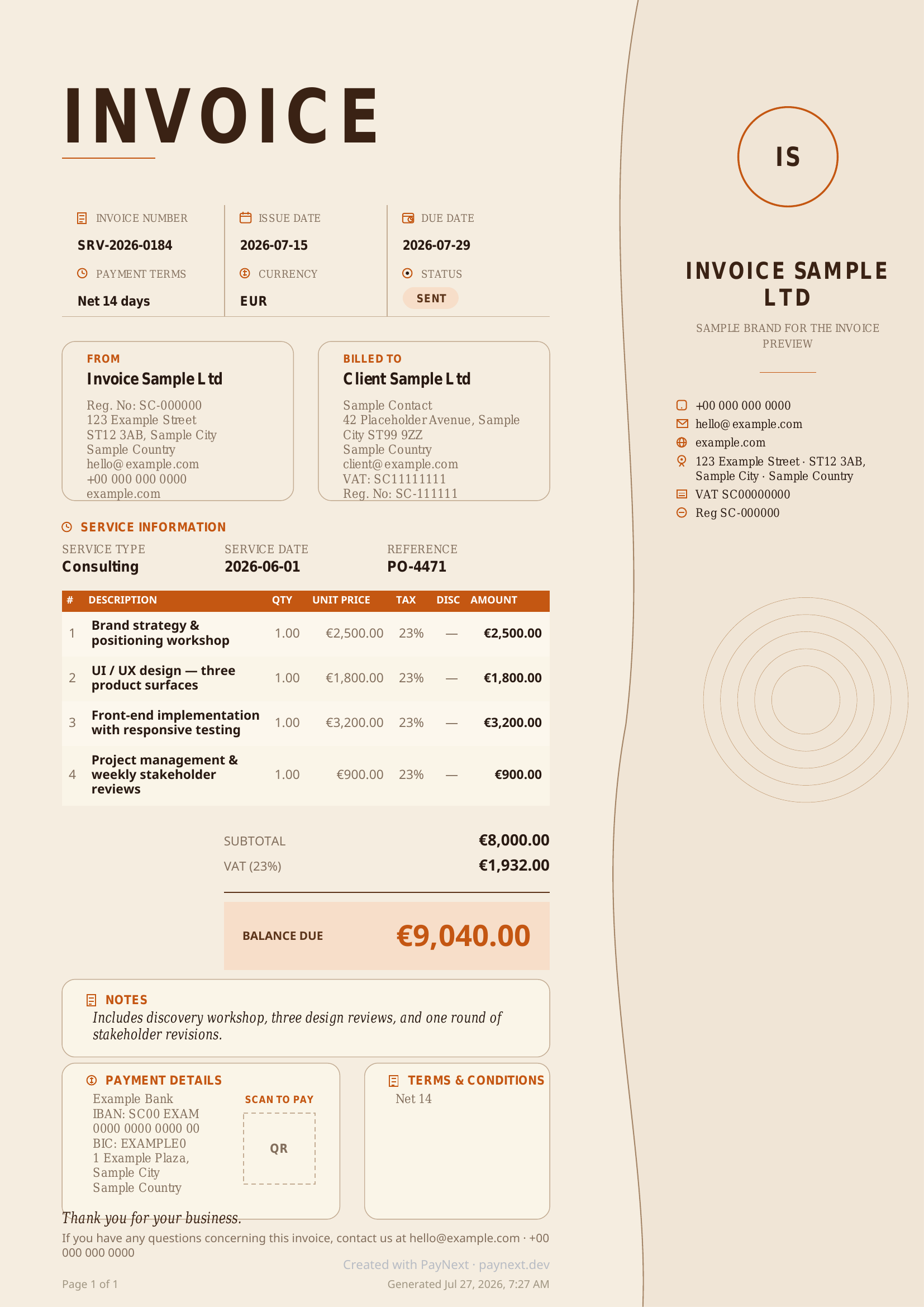 Sample PayNext invoice generated by the real invoice renderer